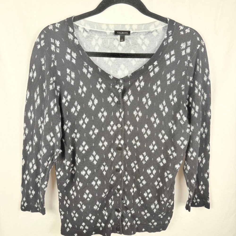 Talbots Black & White Ikat Classic Scoop‎ Neck Cardigan Large 3/4 Sleeves Basic